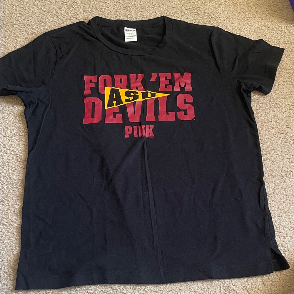 Victoria's Secret Black T-Shirt with Maroon and Gold Graphic